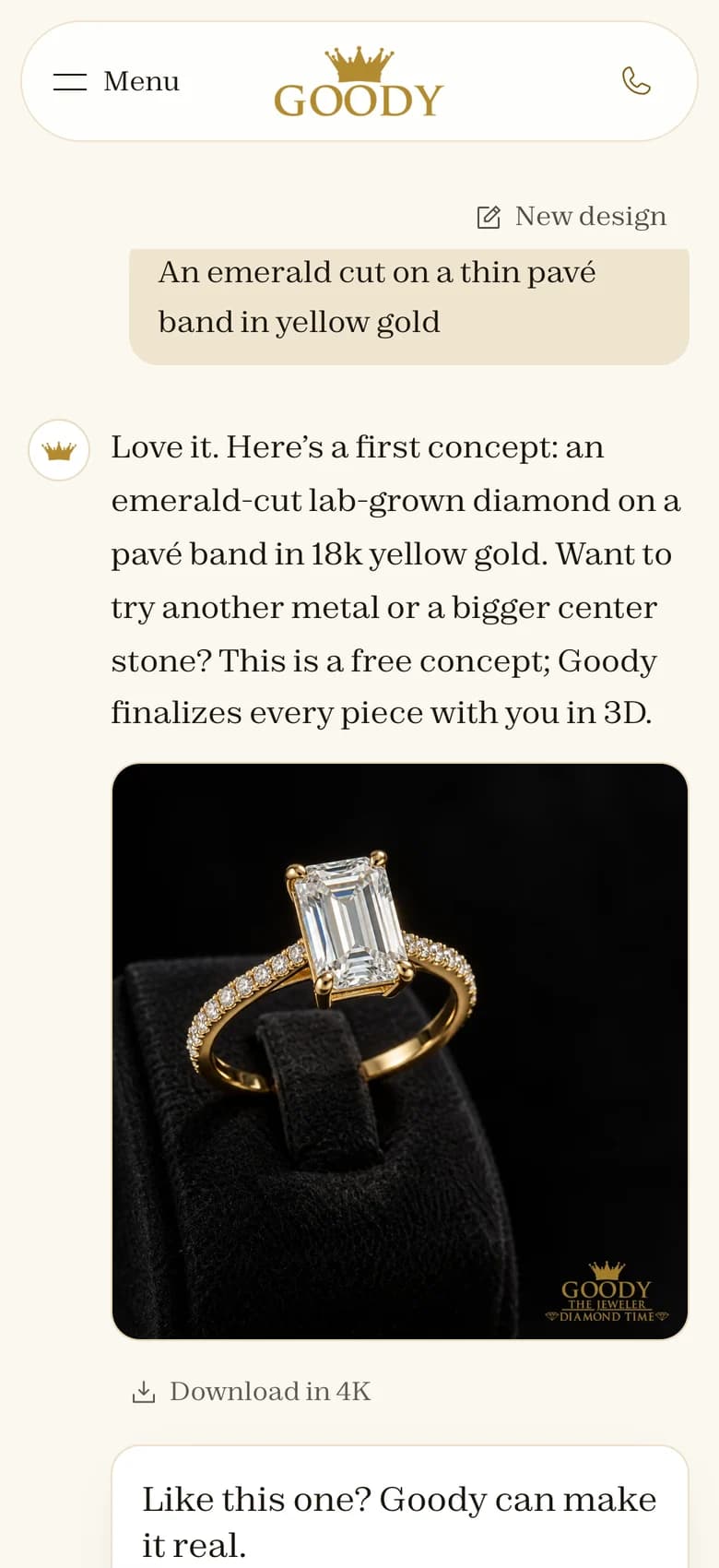 Our AI Designer on a phone: a request for an emerald-cut ring, the 4K concept it drew, and the option to send it to Goody