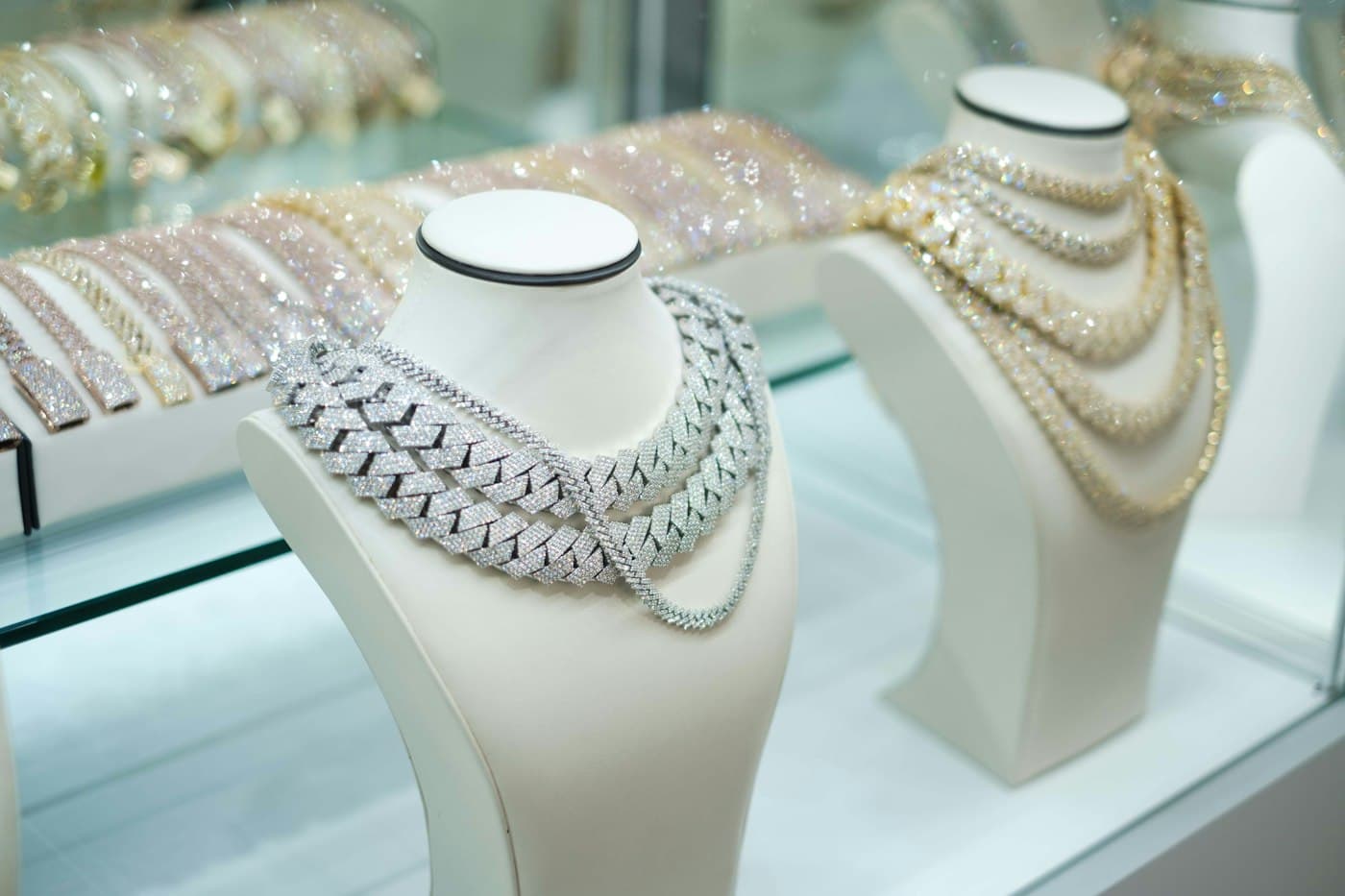 Tennis necklaces in a jewelry case