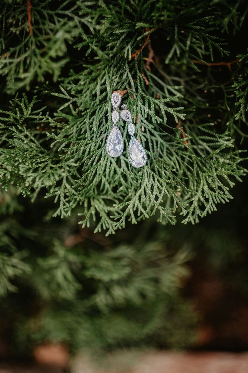 Pair of pear-shaped stones with halos dropping from smaller pear and oval halo links, white metal, hung on cedar